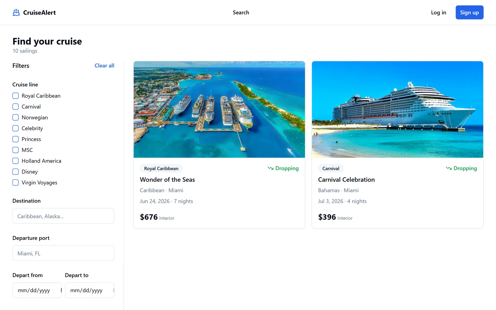 CruiseAlert search page listing sailings with price-drop indicators