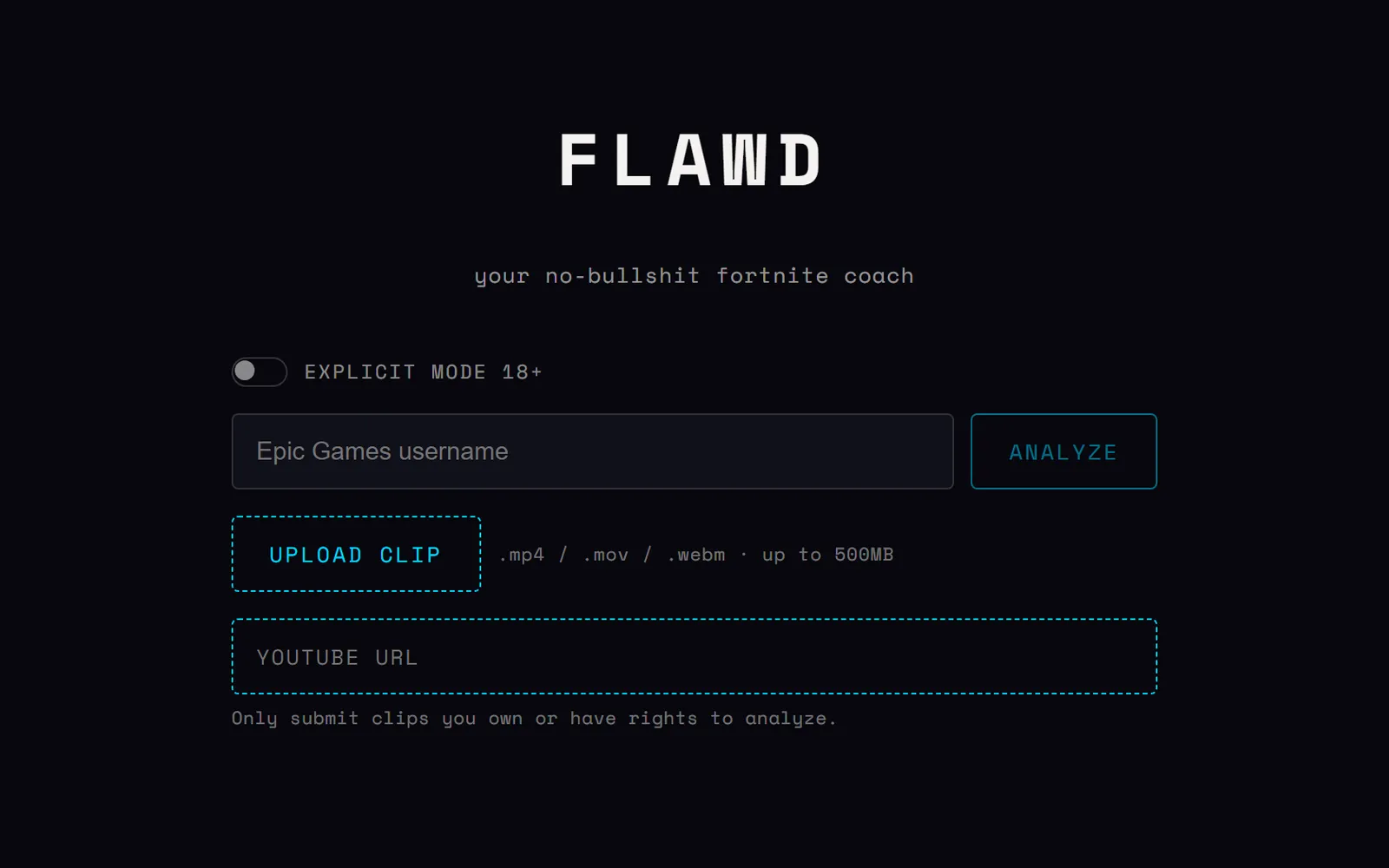 FLAWD home screen with username, clip upload, and YouTube link inputs